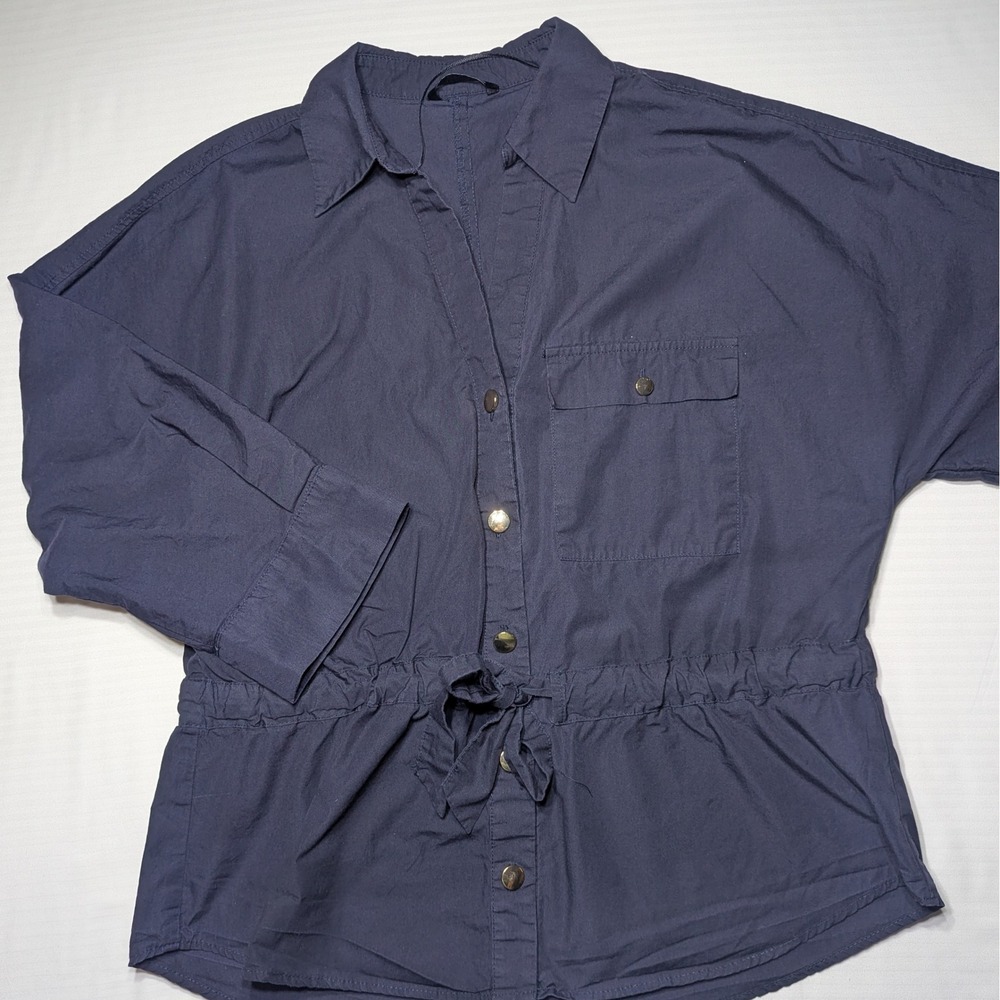 Zara Women Navy Blue 100% Cotton Tie Waist Utility Shirt Jacket Medium‎